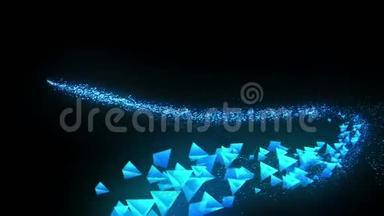 黑色背景的蓝色金字塔。 三维金字塔与几何多边形的连接。 网络空间。 商业象征。